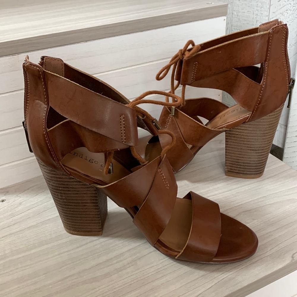 Indigo rd. Brown leather open toed heels size 7.5